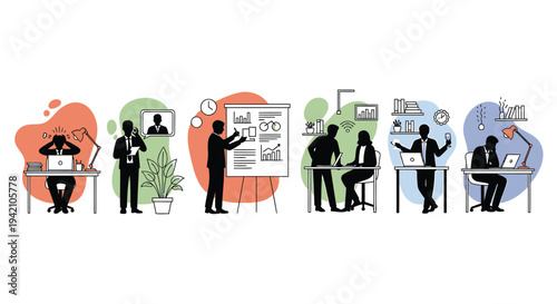 Set of 7 office workers vector illustrations