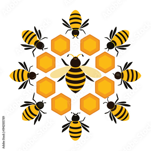 Group of honey bees flying around a hexagon honeycomb pattern design element