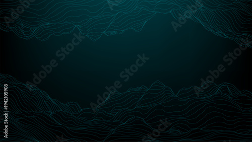 Abstract hud interface with wavy contour lines. Digital topography map and futuristic virtual environment background. Cyan wireframe landscape for science data visualization concept.