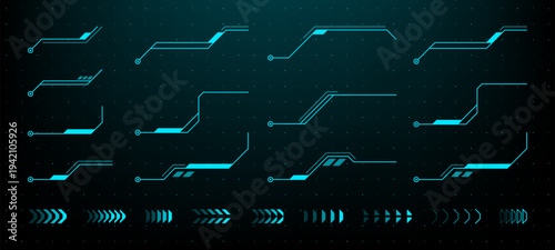 Set of blue hud callout boxes and arrows for interface design. Digital data pointer tag infographic element. Futuristic user monitor overlay, technology information tracking frame.