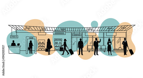 Vector illustration of people in airport terminal interior