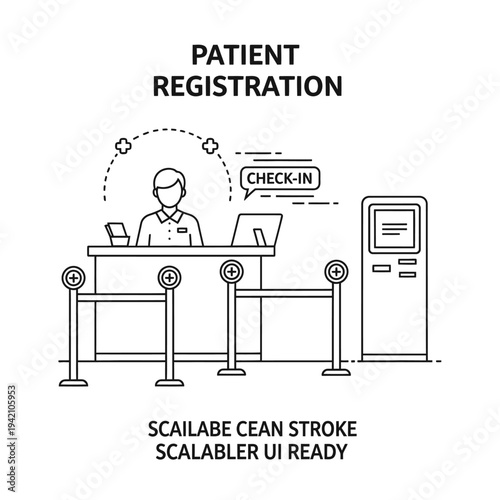 Illustration of a patient registration desk with a receptionist, a check-in kiosk, and a queue system, representing healthcare administrative processes.