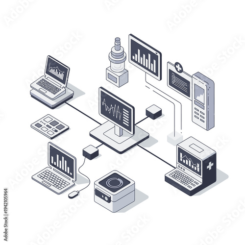 Isometric illustration of a networked computer system with various devices displaying charts and data, representing a technological setup.