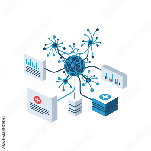 Abstract representation of a neural network connecting medical data, charts, and databases, symbolizing healthcare technology and data analysis.