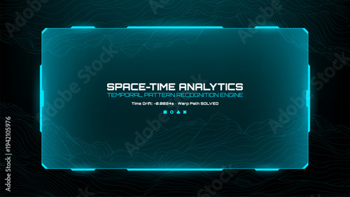 Blue digital hud screen with space-time analytics and temporal pattern recognition interface. Futuristic data visualization frame for science fiction technology and innovation concept.