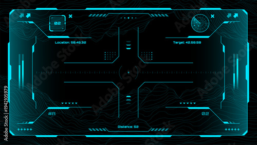 Blue digital hud interface overlay with topographic map data. Futuristic head up display frame with crosshair target scope and graphical analysis metrics for sci-fi virtual screen.