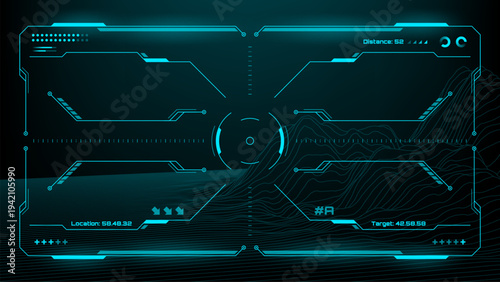 Hud interface showing topographical terrain map grid. Digital target tracking system with vector data visualization. Sci-fi navigation display for monitoring geography and geolocation.