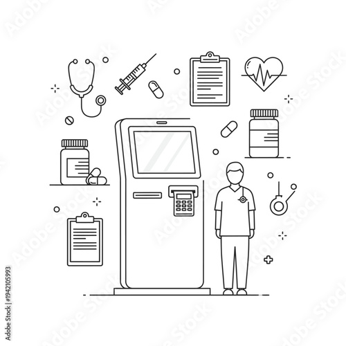 Digital healthcare kiosk with medical icons and a healthcare professional, representing modern medical technology and patient care.
