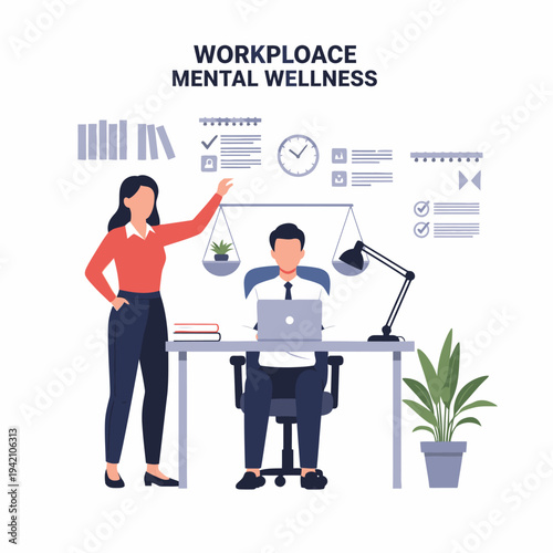 Workplace mental wellness illustration showing a balanced scale representing work-life balance and employee well-being.