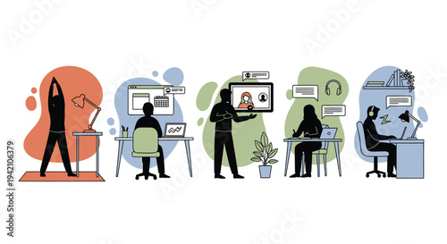 Set of 6 people working at desks vector illustration