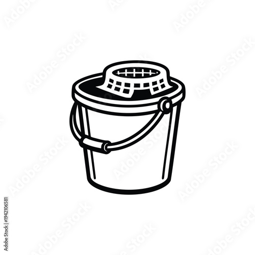 Cleaning bucket with wringer black and white vector icon for housekeeping and janitorial services