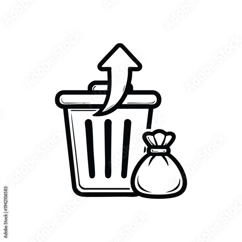 Trash bin with garbage bag and arrow simple black and white cleaning service vector icon
