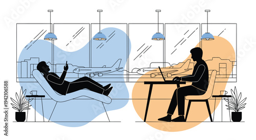 Vector illustration of two people working and relaxing in office