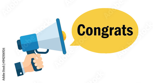 A blue megaphone announces congrats within a bright yellow speech bubble