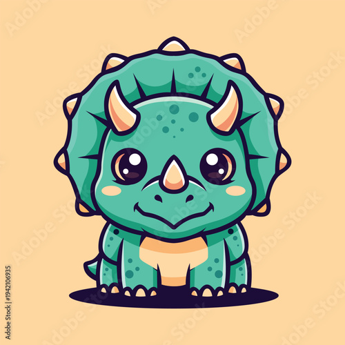 Foto Cute Cartoon Triceratops Sitting with Smiling Face Pale Background Illustration