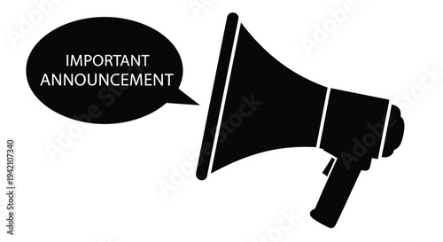 Black silhouette of a megaphone with the text important announcement inside