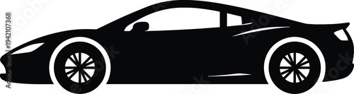 Minimal vector silhouette, sports car side view aerodynamic vehicle, solid black, isolated on white background