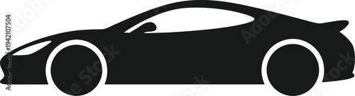 Minimal vector silhouette, sports car side view aerodynamic vehicle, solid black, isolated on white background