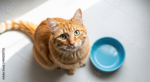 Hungry ginger cat looks up sitting next to empty blue food bowl on a white floor background. Pets concept.