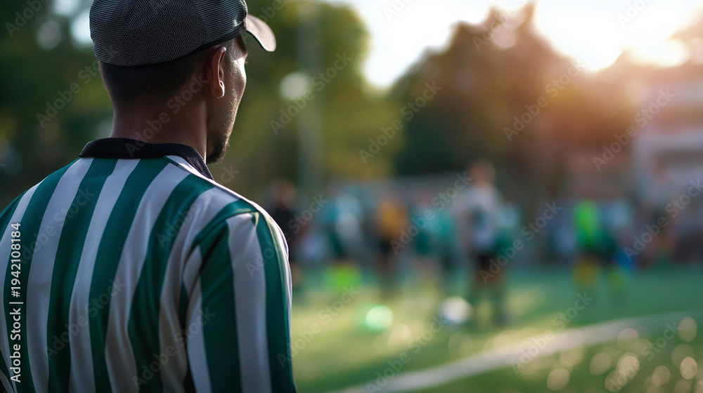 Obraz premium Wide shot of a faceless soccer referee from behind on a bright green football pitch standing at the edge of the centre circle observing a line of players in the