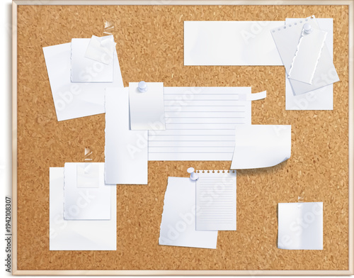 Cork Bulletin Board with Pinned Blank Notes Mockup Isolated on Transparent Background