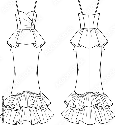 Women sleeveless V neck midi dress fashion technical drawing with fitted waist panel and flared skirt front and back view