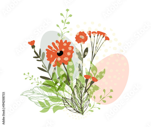 Simple Easter abstraction with eggs and flowers. Happy Easter. hand drawn. Not AI, Vector illustration