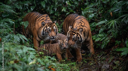 Mother and father Sumatran tigers play with their two young cubs in their jungle home.