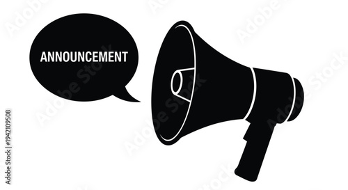 Black and white illustration of a megaphone with the word announcement displayed