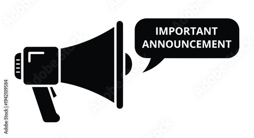 Black silhouette of a megaphone with the text important announcement inside