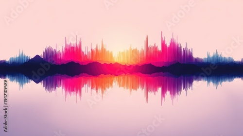 A vibrant, colorful soundwave visualization resembling a mountain range with a glowing sunset effect and its reflection below on a smooth surface.