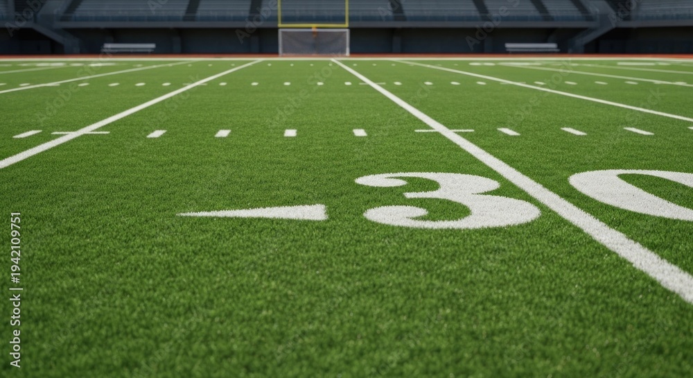 Obraz premium View from the 30-yard line of a football field towards goalposts in a stadium