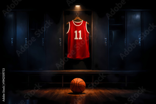 Red basketball jersey number 11 with ball in dark locker room