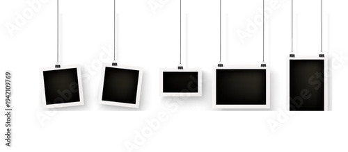 Hanging Photo Frames Set on Strings Mockup Isolated on Transparent Background