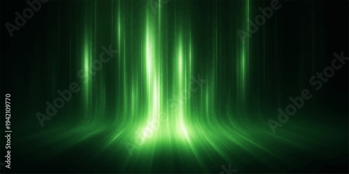 Abstract green and colorful background design featuring bright blue light rays and digital motion lines over a dark space wallpaper with a glowing wave pattern