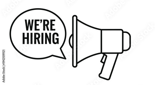 A black and white line drawing of a megaphone with the text we re hiring