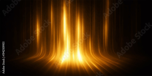 A bright orange energy wave of glowing fire and light rays burns through the dark black space in this abstract vector illustration