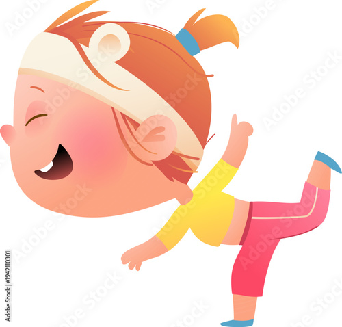 Cute little girl wearing head band practice yoga pose or doing morning exercise. Happy child character doing sport. Vector hand drawn illustration clipart for kids and children activity.