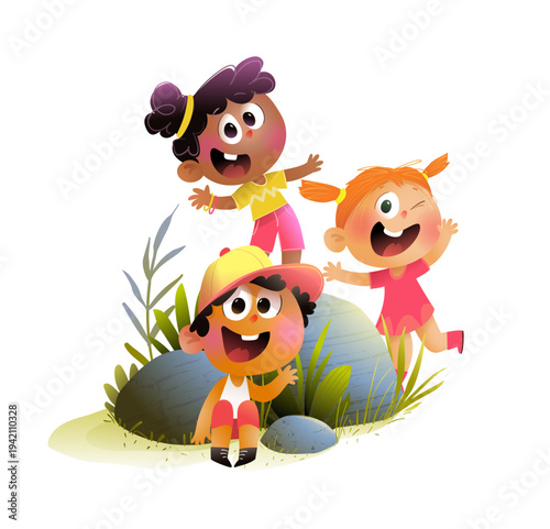 Happy children boys and girls friends playing outside in garden or nature. Fun illustration of little kids characters playing in the yard with nature and plants in background. Vector cartoon clipart