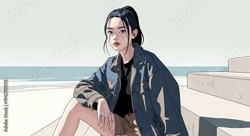 Young woman sitting on steps by the beach in casual attire  