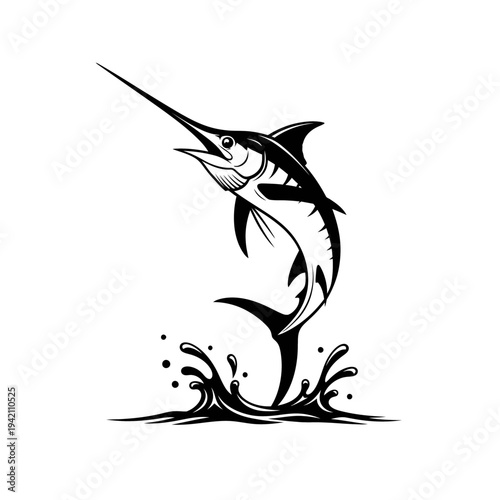Black and white illustration of a marlin jumping out of the water.