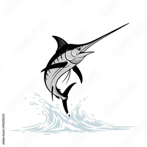 Jumping marlin fish illustration, a black and white vector graphic design.