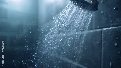 Close-up of shower in dark bathroom, water droplets illuminated by soft light