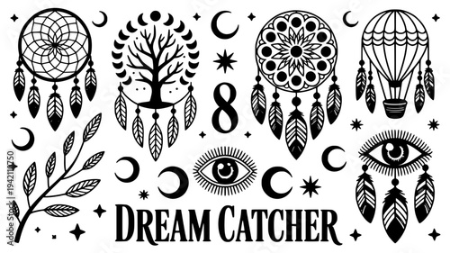 Dream catcher set with mystical symbols and celestial elements designs featuring dreamcatcher, tattoo, flash with sheet and bohemian elements for