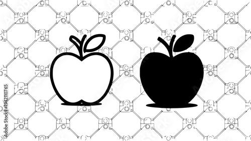 Apples minimalist graphic design with white and black silhouettes featuring fruit, icons, simple with illustration and duo elements for contrast,