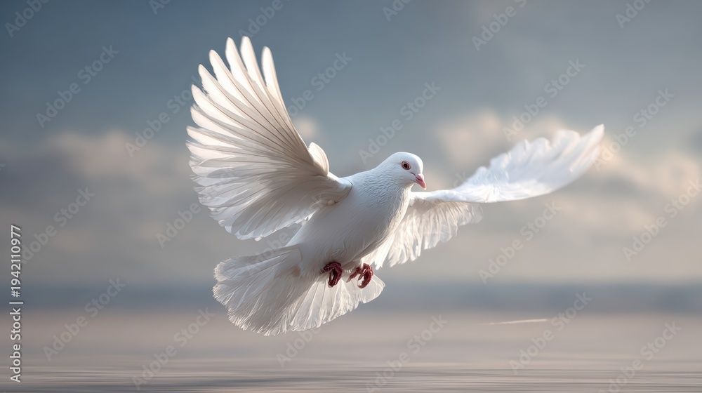 Fototapeta premium white dove soaring above open sky, jet flying parallel far away, cinematic minimal composition 
