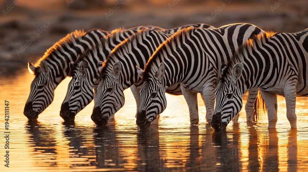Fototapeta premium Zebras in shallow water at sunset in Kruger Park catch sunlight in their eyes.