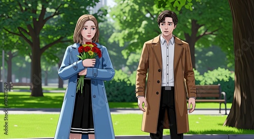 Couple standing in a park on a sunny day with flowers and coat  
