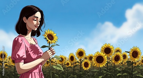 Young woman smiling while holding sunflower in field of flowers  