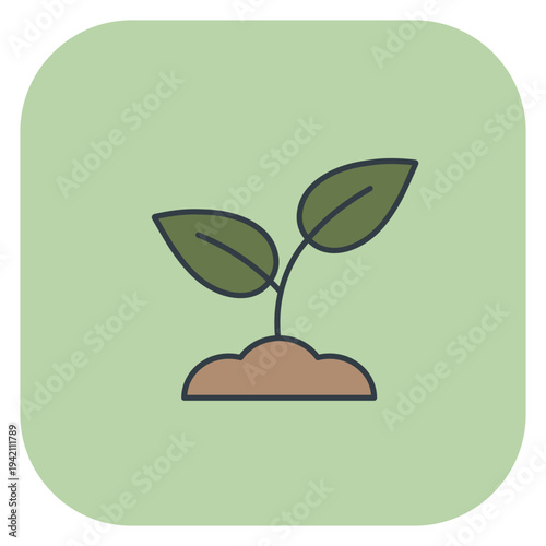 Green sprout with two leaves growing from soil on light green background. Vector illustration for spring design
